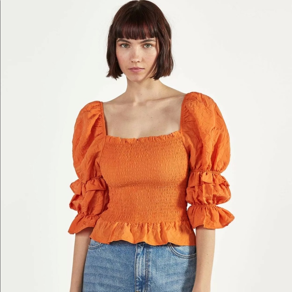 Bershka Voluminous Orange Blouse Shirred Smocked Elastic Size Small